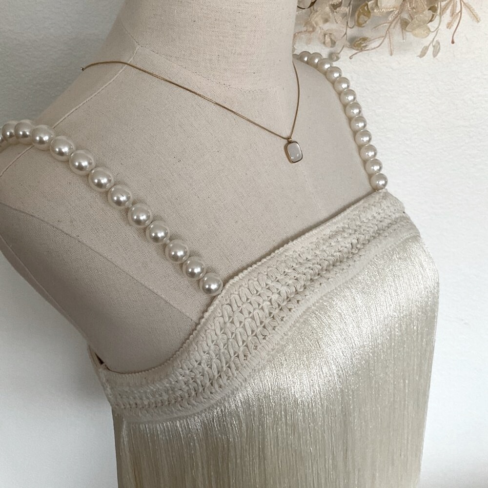π€ BOSTON PROPER Pearl Embellished Fringe Knit Top Tank Flapper Ivory White - Picture 5 of 15